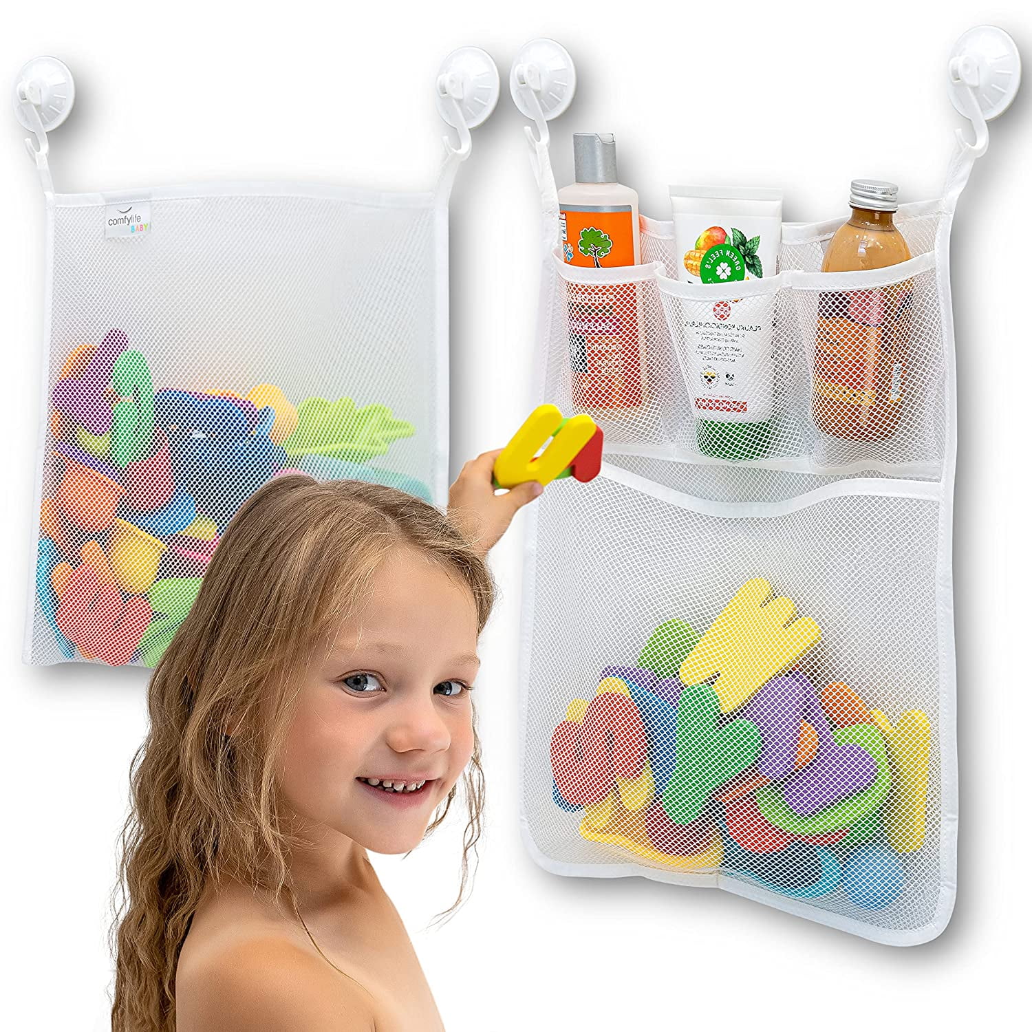 2 x Mesh Bath Toy Organizer + Ultra Strong Hooks The Perfect Bathtub