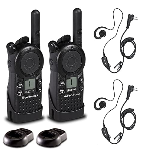 2 x Motorola CLS1110 UHF 1W 1-Channel 2-Way Radio (CLS1110) + 2 x Motorola HKLN4604 PTT Earpiece - 2 Pack with Mic Bundle