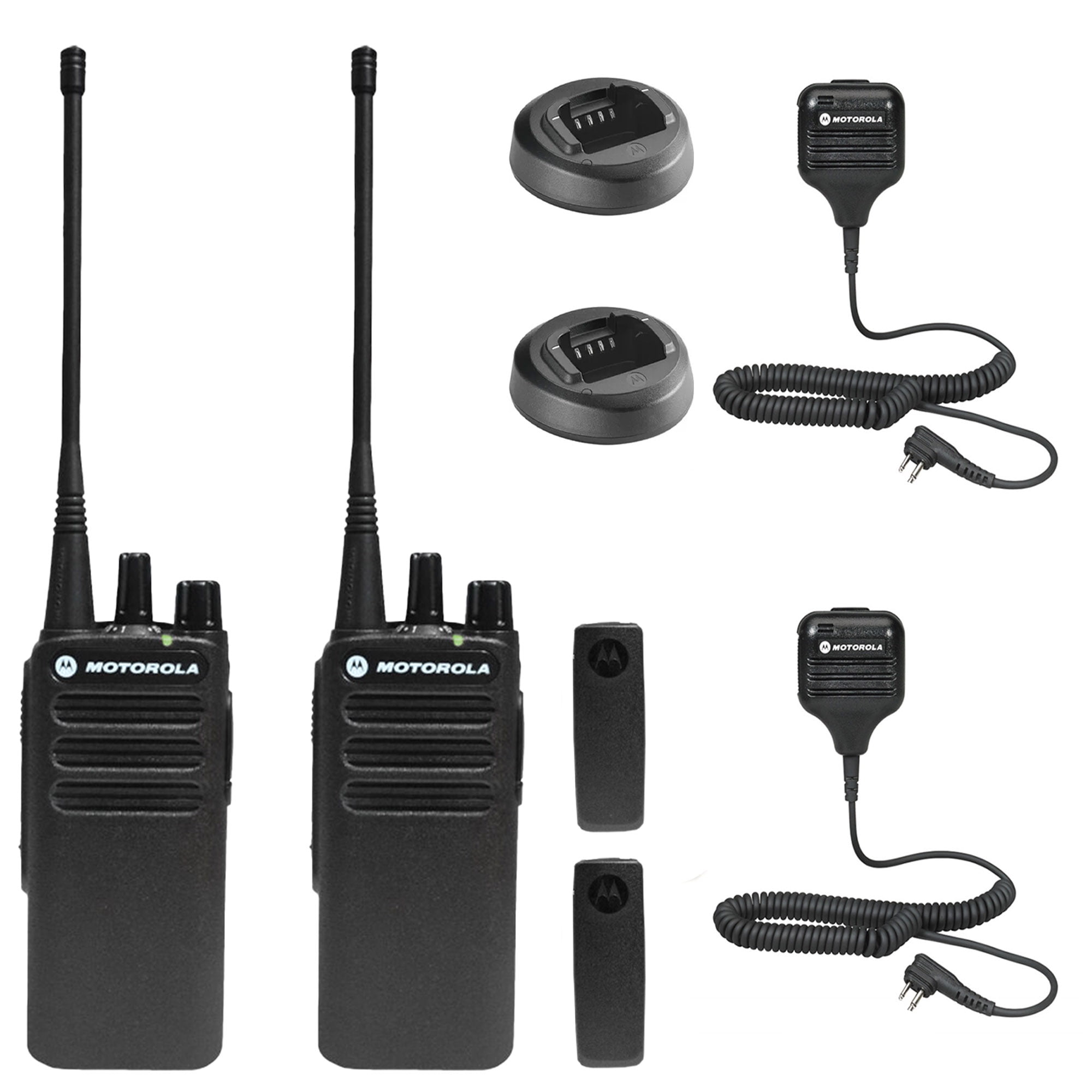 2 x Motorola CP100D Analog UHF Portable Non-Display Two Way Radio, 16 Channel, 4 Watt (403-480MHz) + 2 x HKLN4606 Remote Speaker Mic - 2 Pack with Mic Bundle
