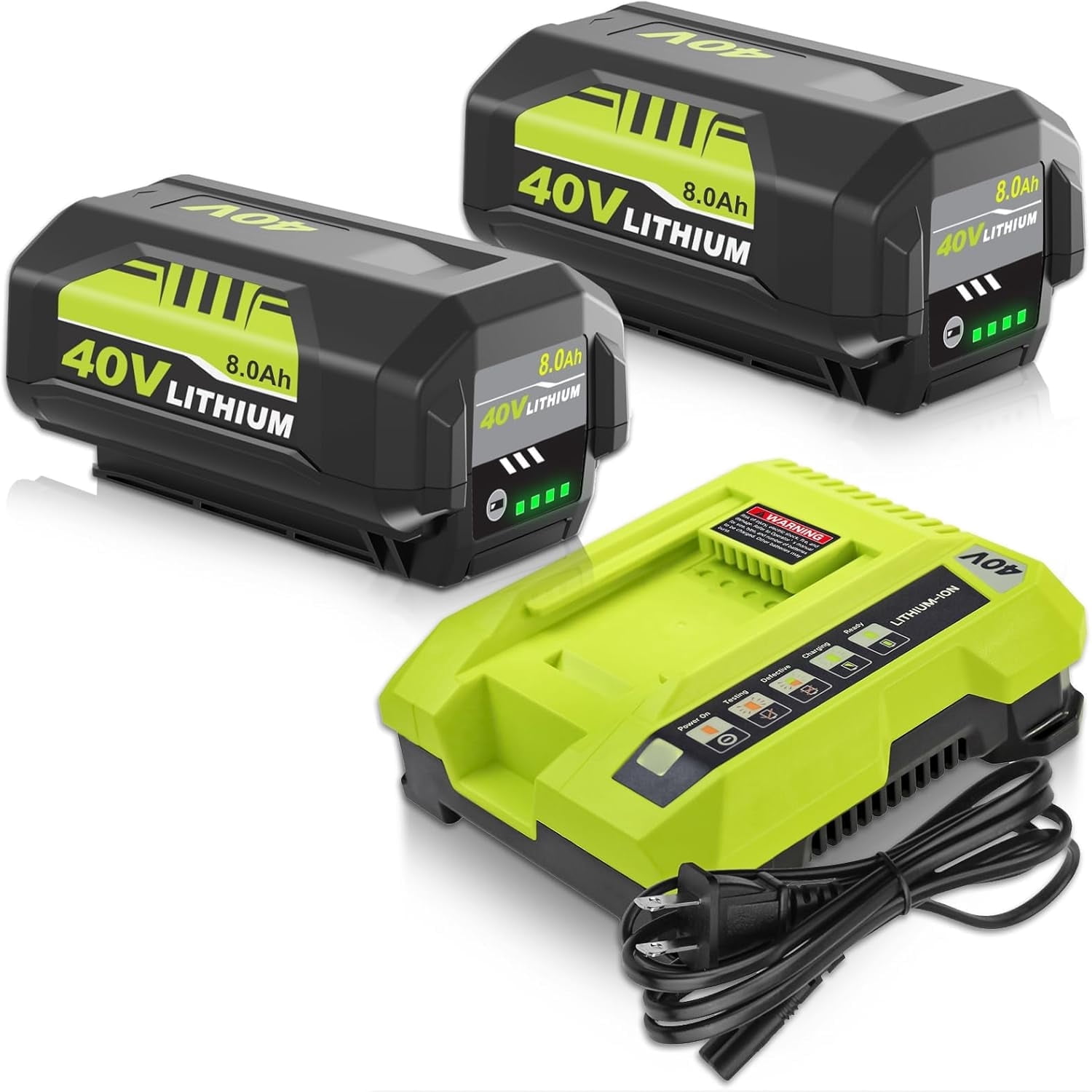 2 x OP4026 8.0Ah Replacement for Ryobi 40V Battery and Op401 Charger Compatible with Ryobi Battery 40V OP4050A OP40601 OP4026A OP4040 OP4030 OP4050 OP4015 OP40261 OP4020 (Green)