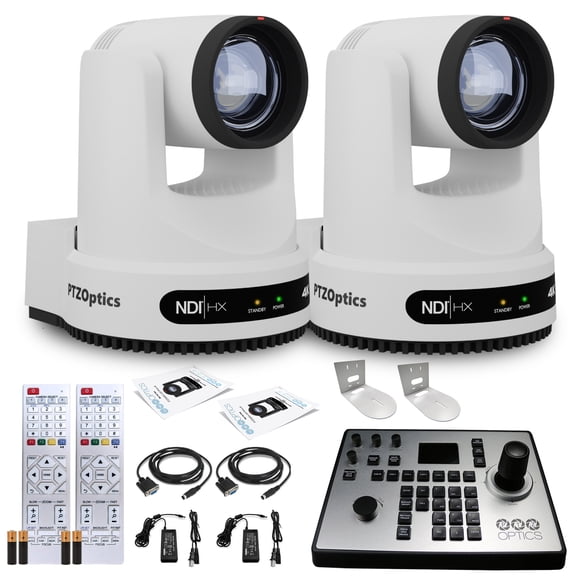 2 x PTZOptics Move 4K SDI/HDMI/USB/IP PTZ Camera with 12x Optical Zoom (White) (PT12X-4K-WH-G3) + PTZOptics PT-JOY-G4 Joystick Controller + 2 x Universal Wall Mount (White)
