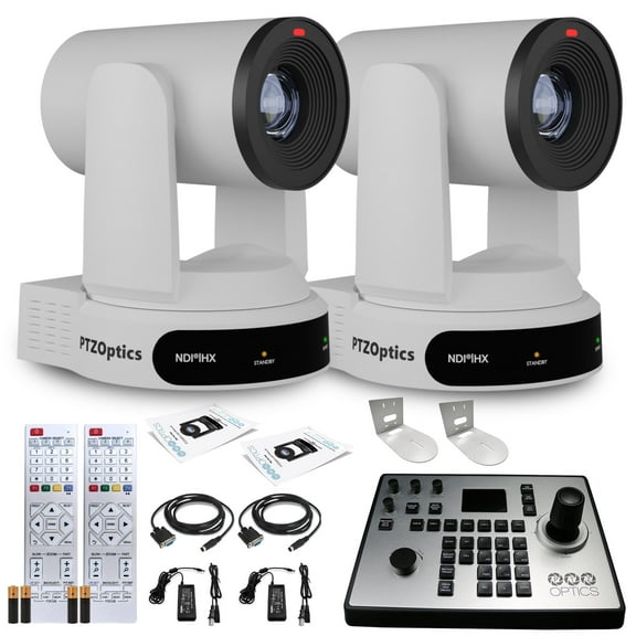 2 x PTZOptics Move 4K SDI/HDMI/USB/IP PTZ Camera with 30x Optical Zoom (White) (PT30X-4K-WH-G3) + PTZOptics PT-JOY-G4 Joystick Controller + 2 x Universal Wall Mount (White)