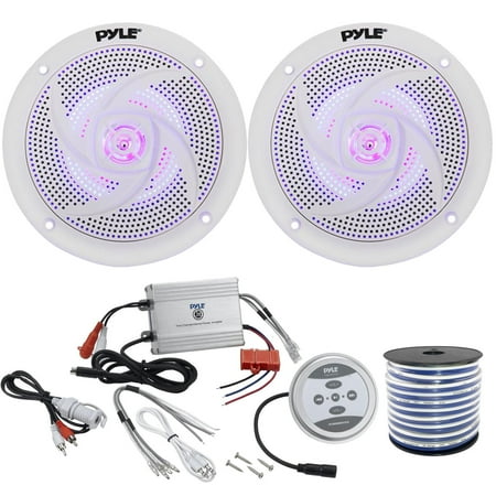 2 x Pyle 5.25" 2-Way Marine 180W Audio Stereo LED Speakers, Pyle Waterproof 600 Watt Bluetooth 2-Channel Boat Yacht Amplifier System, Enrock Marine-Grade 18-Gauge Speaker Wire