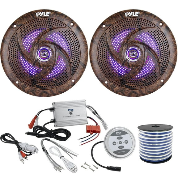 2 x Pyle 6.5" 2-Way 240 Watt Marine Stereo LED Speakers, Pyle Waterproof 600 Watt Bluetooth 2-Channel Boat Yacht Amplifier System, Enrock Marine-Grade 18-Gauge Speaker Wire