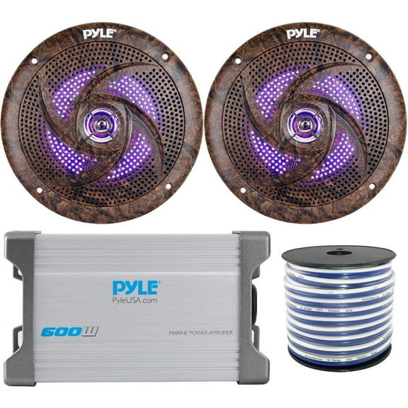 2 x Pyle 6.5" 2-Way Marine 240W Waterproof Audio Stereo Speakers with Built-In Blue LED Lights, 2-Channel 600W Power MP3/iPod 2-Ohm Stereo Stable Amplifier, Enrock Speaker Wire