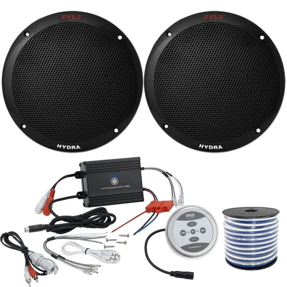 2 x Pyle 6.5'' Dual Cone 400 Watt Black Marine Speakers, Pyle Waterproof 600 Watt Bluetooth 2-Channel Boat Yacht Amplifier System, Enrock Marine-Grade 18-Gauge Speaker Wire