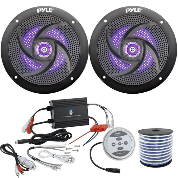 2 x Pyle 6.5" LED 2-Way Marine 240W Black Component Speakers, Pyle Waterproof 600 Watt Bluetooth 2-Channel Boat Yacht Amplifier System, Enrock Marine-Grade 18-Gauge Speaker Wire