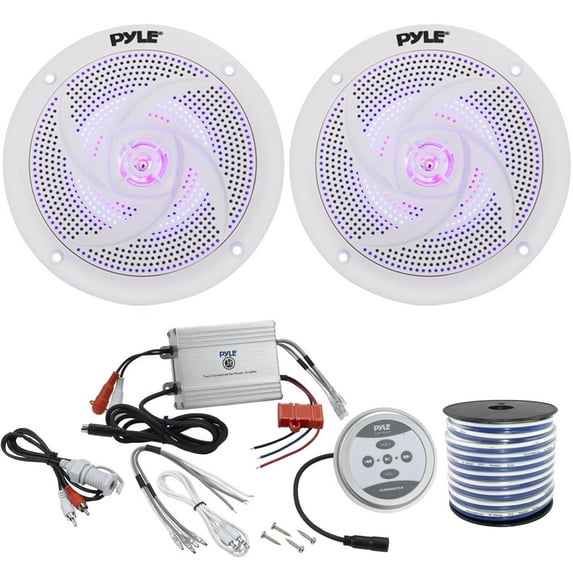 2 x Pyle Marine 4" 2-Way 100W Audio White Stereo LED Speakers, Pyle Waterproof 600 Watt Bluetooth 2-Channel Boat Yacht Amplifier System, Enrock Marine-Grade 18-Gauge Speaker Wire