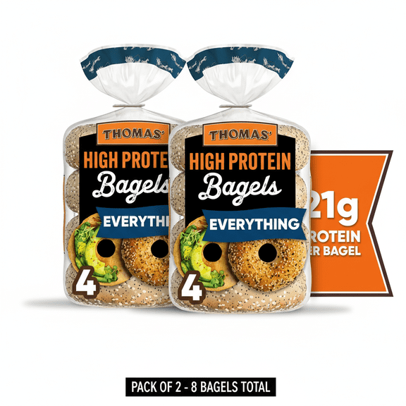 2 x Thomas' High Protein Everything Bagels 4 Count 21g Protein Bagels