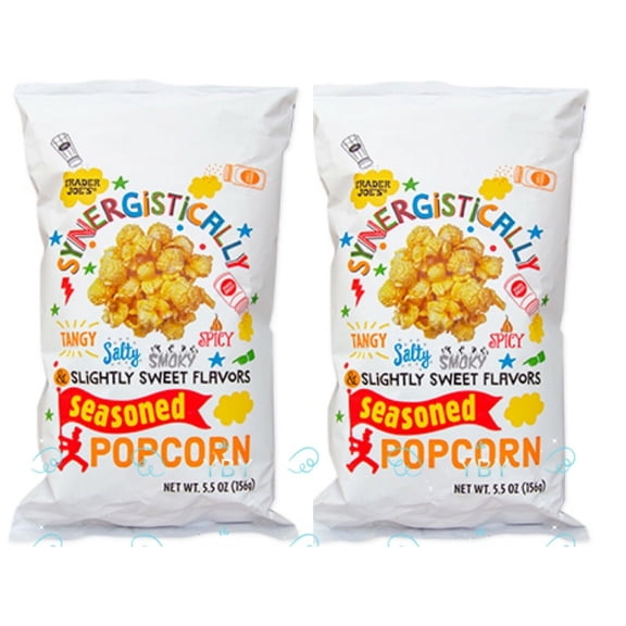 2 x Trader Joe's Synergistically Seasoned Popcorn (Tangy, Salty, Smoky, Spicy- Cayenne Pepper and Garlic Powder) NET WT 5.5 oz 156g