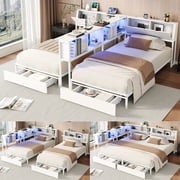 2 x Twin Size Metal Platform Bed Frame with Storage Headboard, Detachable Daybed with LED Lights, Drawers and Side Shelves