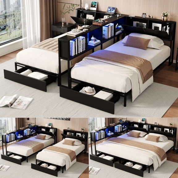 2 x Twin Size Metal Platform Bed Frame with Storage Headboard, Detachable Daybed with LED Lights, Drawers and Side Shelves