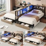 2 x Twin Size Metal Platform Bed Frame with Storage Headboard, Detachable Daybed with LED Lights, Drawers and Side Shelves