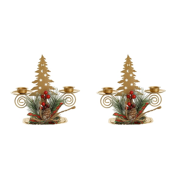 Gold Wrought Iron Christmas Tree Pillar Candle Holders - 2-Pack with Berry & Pine Cone for Holiday Desktop Decor