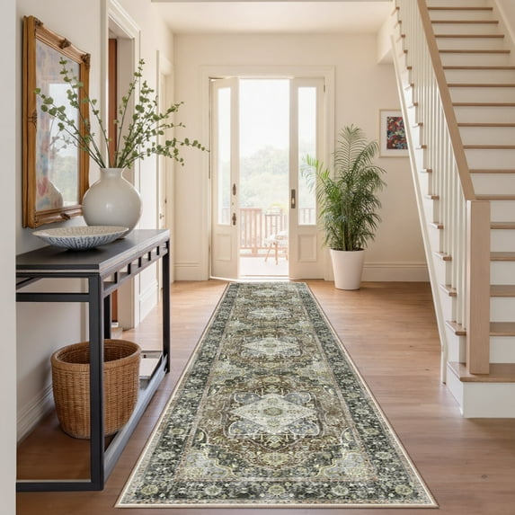 NewBuros 2'x10' Runner Rugs for Hallway, Washable Non-Slip Vintage Tribal Print Rugs, Soft Low Pile Stain Resistant Carpet for Kitchen Entryway Bedroom, Dark Green