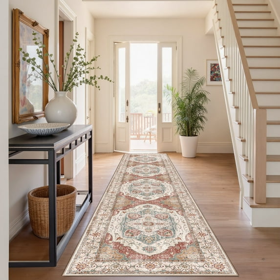 NewBuros 2'x10' Runner Rugs for Hallway, Washable Non-Slip Vintage Tribal Print Rugs, Soft Low Pile Stain Resistant Carpet for Kitchen Entryway Bedroom, Brick Red