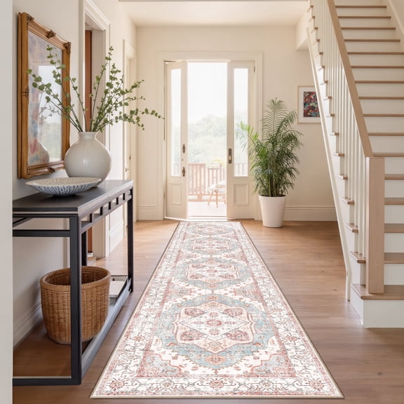 NewBuros 2'x10' Runner Rugs for Hallway, Washable Non-Slip Vintage Tribal Print Rugs, Soft Low Pile Stain Resistant Carpet for Kitchen Entryway Bedroom, Pink