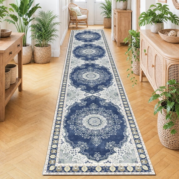 2'x10' Boho Runner Rug,Modern Faux Wool Washable Rugs Runner for Hallway Non-Slip Long Kitchen Rug, Vintage Low Pile Indoor Carpet for Porch Laundry Entryway Entrance