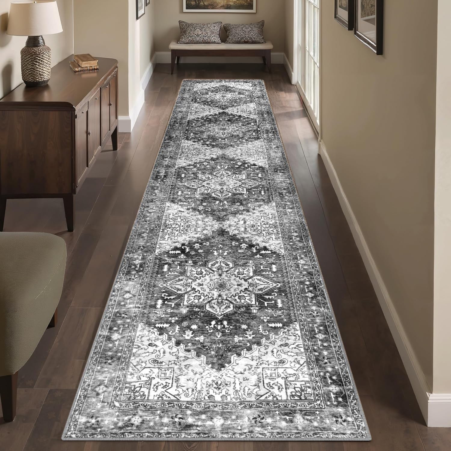 2'x10' Runner Rugs, Yamaziot Vintage Washable Hallway Rug Runner with Rubber Backing, Non-Slip Distressed Carpet Floor Mat for Bedroom, Kitchen, Laundry, Entrance