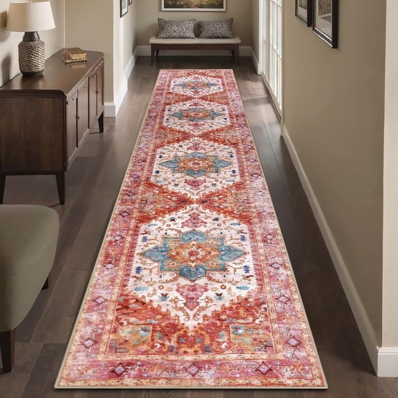 2'x10' Runner Rugs, Yamaziot Vintage Washable Hallway Rug Runner with Rubber Backing, Non-Slip Distressed Carpet Floor Mat for Bedroom, Kitchen, Laundry, Entrance