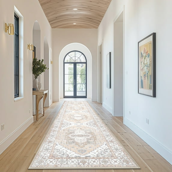 2'x10' Washable Area Rugs for Living Room,Traditional Vintage Thin Rugs,Non-Slip Persian Carpet,Cream