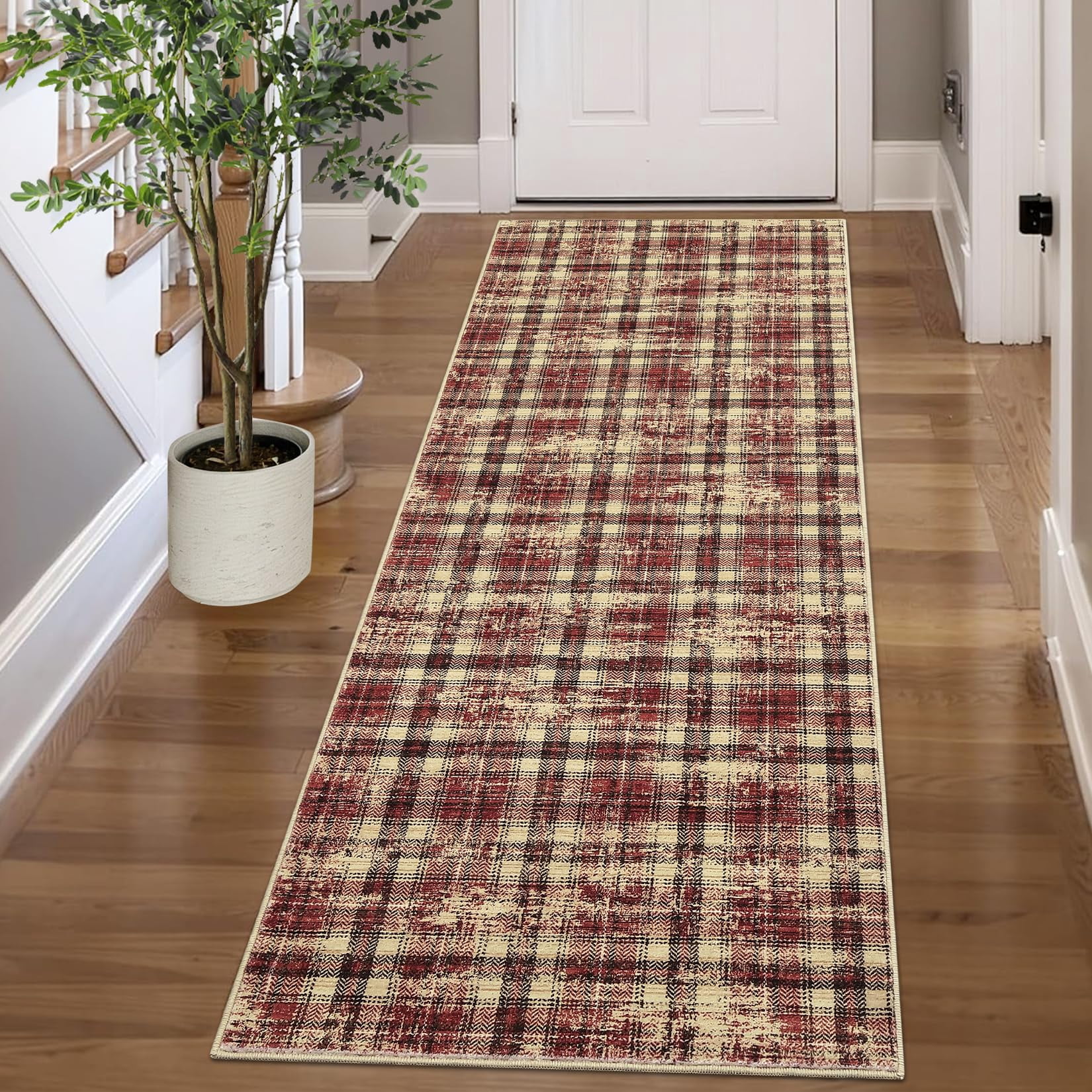 2'x10' Washable Soft Plaid Traditional Tartan Runner Rug - Non Shedding, Non Slip, Stain Resistant Carpet for Living Room, Bedroom, Nursery, Office, Machine Washable, Red