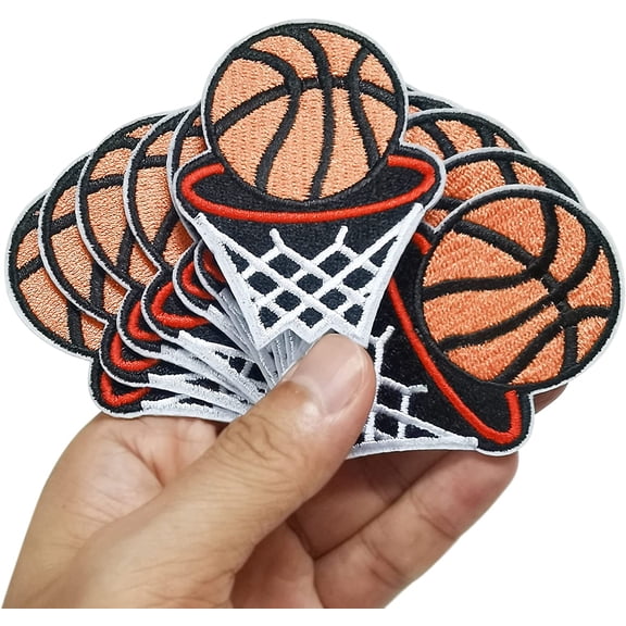 2x2.6In 12pcs Slam Dunk Basketball Sport Basket Iron On Sew On Cloth Embroidered Patches Appliques Machine Embroidery Needlecraft Sewing Crafts Projects, Orange, Black