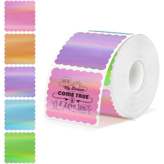 2"x2" Holographic Thermal Labels, 300 count Scalloped Square Sticker Paper for Small Business, Custom Logo, Thank You, Glitter Rainbow Effect, (5 Colors, Not Pre-Printed)