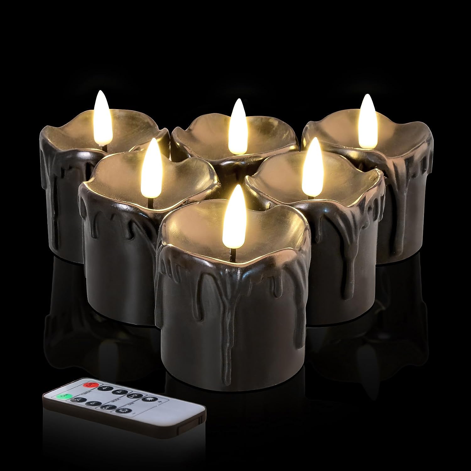2"x2" Premium Black Flameless Halloween LED Battery Votive Candles with Remote Control, Set of 6