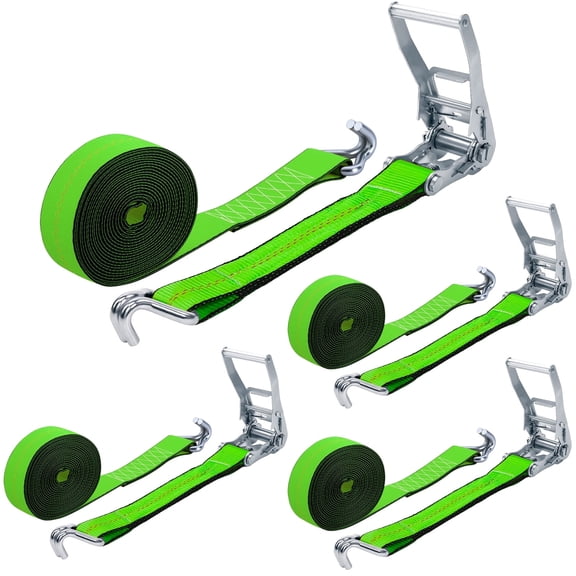 2"x20' Ratchet Straps with J Hooks - 10,000lb Break Strength/ 3,333lb Load Capacity Ratchet Tie Down Strap - Ratchet Straps Heavy Duty - Cargo Strap for Truck, Lawn Equipment, Car Roof, 4 Pack(Green)