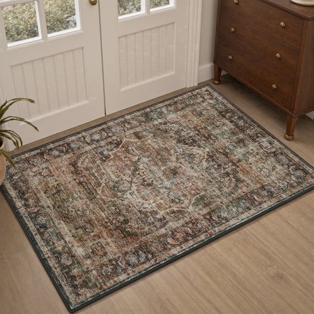 FEELHOME 2'x3' Area Rug Machine Washable Soft Vintage Distressed Non Slip Carpet for Living Room Bedroom Dining Room Brown