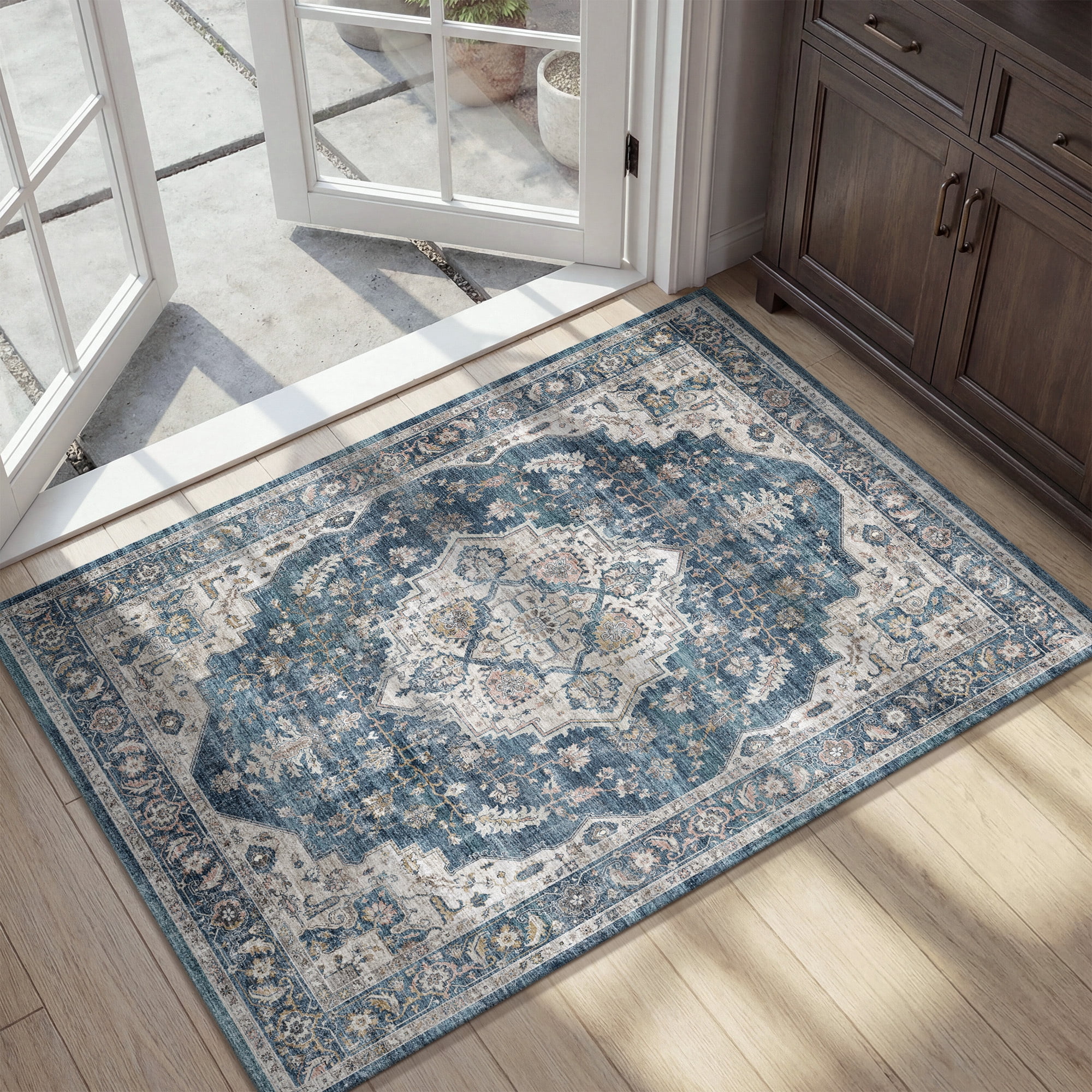 FEELHOME 2'x3' Area Rug Machine Washable Soft Vintage Distressed Non Slip Carpet for Living Room Bedroom Dining Room Blue