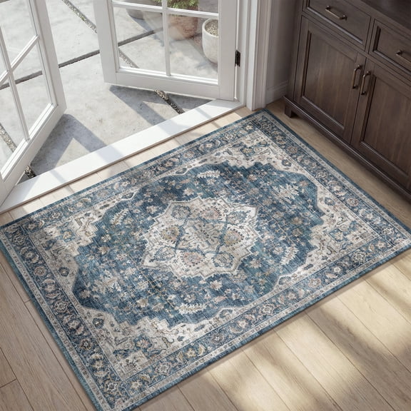 FEELHOME 2'x3' Area Rug Machine Washable Soft Vintage Distressed Non Slip Carpet for Living Room Bedroom Dining Room Blue