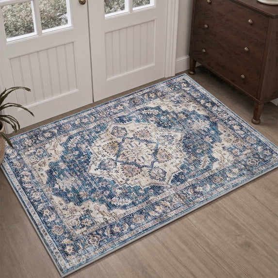 FEELHOME 2'x3' Area Rug Machine Washable Soft Vintage Distressed Non Slip Carpet for Living Room Bedroom Dining Room Blue
