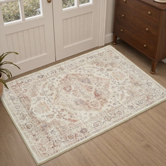 FEELHOME 2'x3' Area Rug Machine Washable Soft Vintage Distressed Non Slip Carpet for Living Room Bedroom Dining Room Taupe