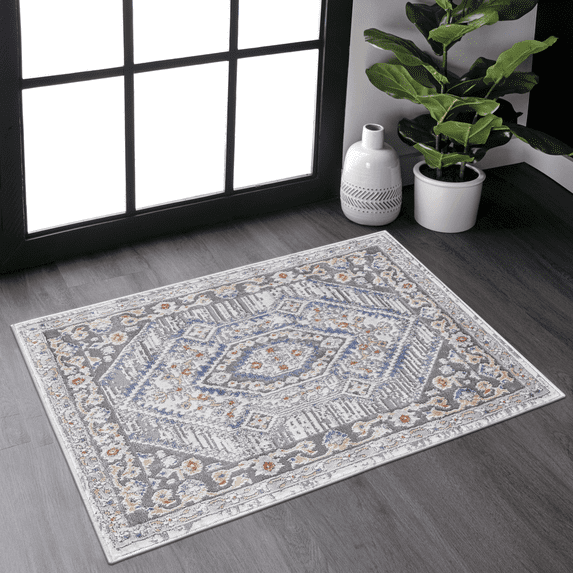 2'x3' Blue/Cream Bordered Area Rug, Non-Shedding Stain Resistant Medium Pile Rug, Kid & Pet Friendly for Living Room Bedroom Entryway