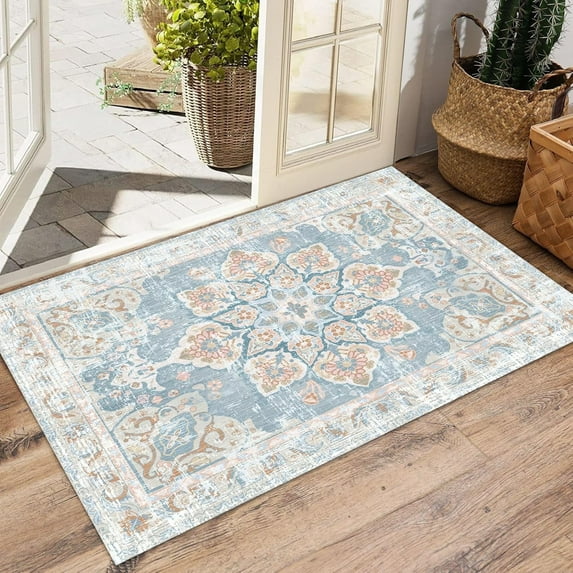 2'x3' Bohemian Floral Area Rug for Entryway,Oriental Distressed Small Bath Rug Country Vintage Doormat Non-Slip Washable Low-Pile Carpet for Bathroom Kitchen Laundry Room Decor