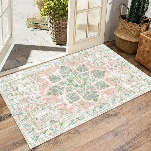 2'x3' Bohemian Floral Area Rug for Entryway,Oriental Distressed Small Bath Rug Country Vintage Doormat Non-Slip Washable Low-Pile Carpet for Bathroom Kitchen Laundry Room Decor