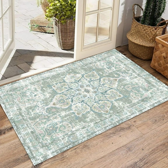 2'x3' Bohemian Floral Area Rug for Entryway,Oriental Distressed Small Bath Rug Country Vintage Doormat Non-Slip Washable Low-Pile Carpet for Bathroom Kitchen Laundry Room Decor