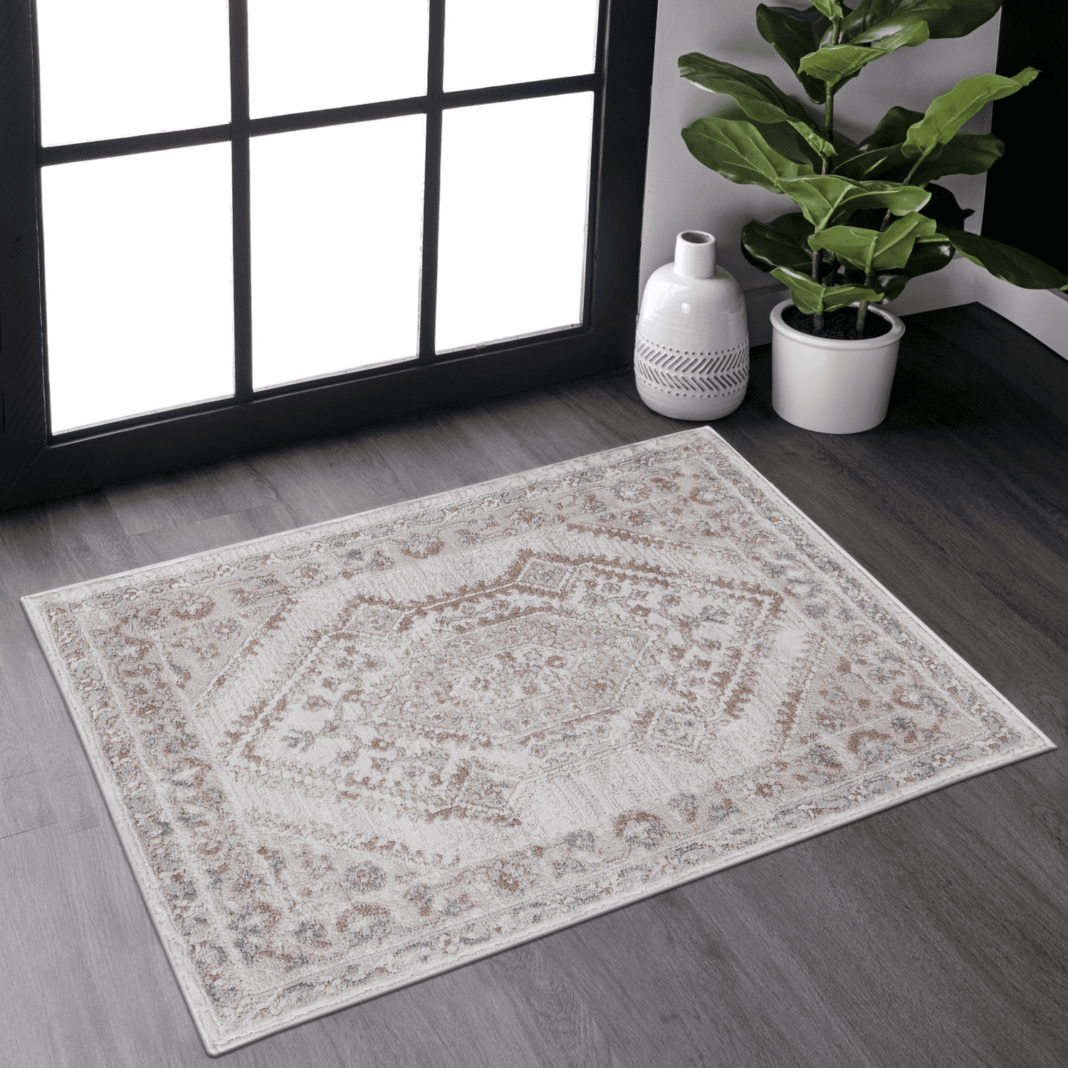 2'x3' Cream/Ivory Bordered Area Rug, Non-Shedding Stain Resistant Medium Pile Rug, Kid & Pet Friendly for Living Room Bedroom Entryway