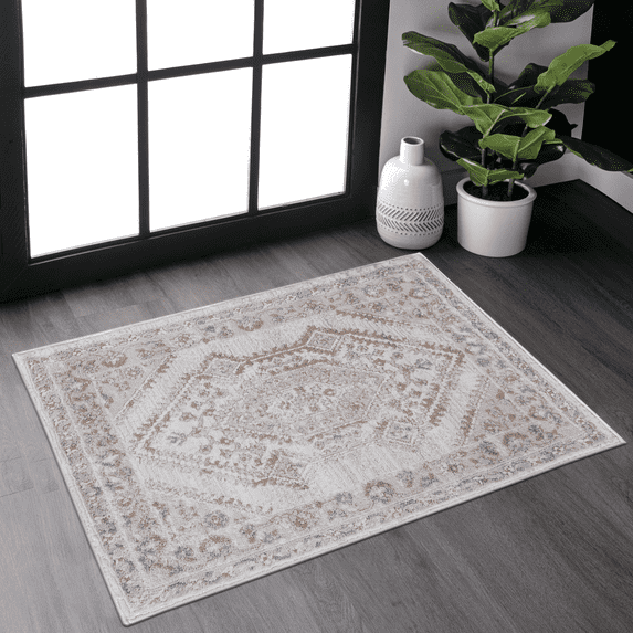 2'x3' Cream/Ivory Bordered Area Rug, Non-Shedding Stain Resistant Medium Pile Rug, Kid & Pet Friendly for Living Room Bedroom Entryway