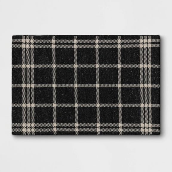 2'x3' Indoor/Outdoor Woven Tapestry Rug Black: Front Door Layering Mat, Check Pattern, Flat Pile