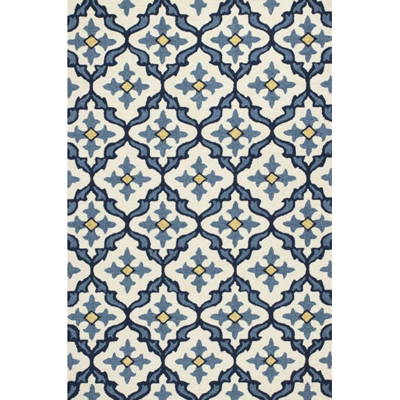 2'x3' Ivory Blue Hand Hooked UV Treated Quatrefoil Indoor Outdoor Accent Rug