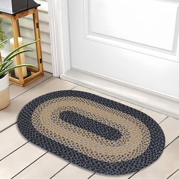 2'x3' Oval Braided Entryway Rug, Farmhouse Kitchen and Floor Mat for Indoor/Outdoor Use, Door Mat with Anti-Slip Pads for High Traffic Areas, Brown with Black Rope Rug Without Rubber
