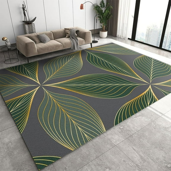 2'x3' Rug Non Slip Abstract Gold Green Leaves Entryway Mats, Machine Washable Luxury Exotic Botanical Area Rug, Throw Rugs Carpet for Front Door Bedroom Bedside