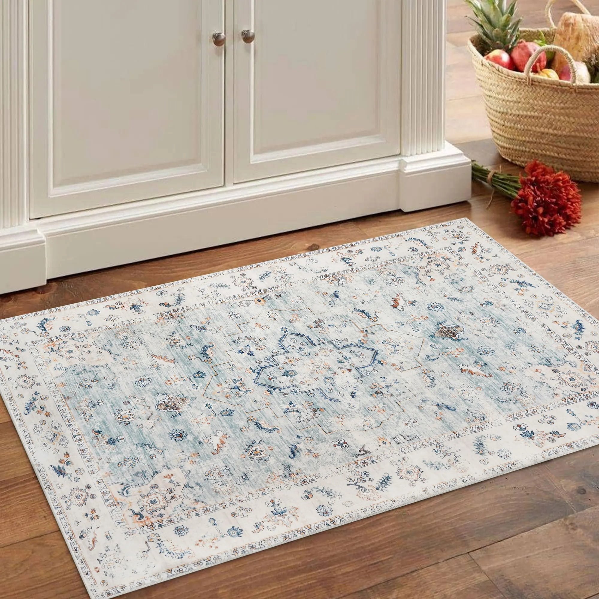 Blue Entry Rugs WondRg 2'x3' Blue Vintage Distressed Oriental Rug, Non-Slip, Washable ...