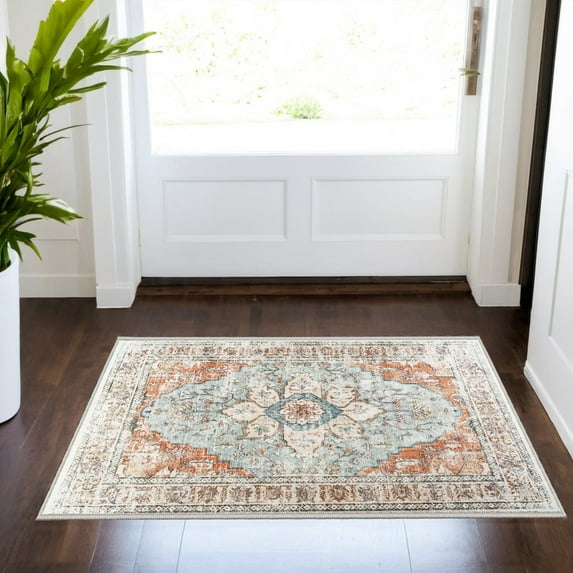 2'x3' Vintage Area Rugs,Soft Washable Distressed Thin Rugs for Bathroom Porch,Non-Slip Foldable Indoor Carpet,Brick Red