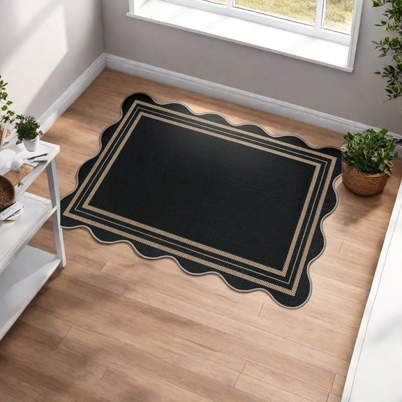 2'x3' Washable Jute Kitchen Rug – Black Farmhouse Scalloped Entryway Rug, Non Slip Indoor/Outdoor Mat for Kitchen, Bathroom, Porch