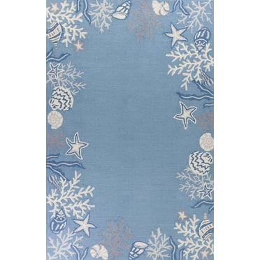 2'x4' Sea Blue Hand Hooked Bordered Coral Reef Indoor Accent Rug