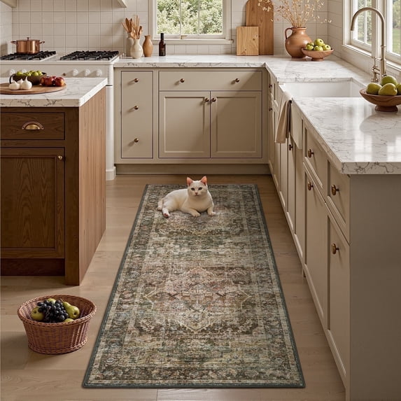 FEELHOME 2'x6' Runner Rugs Washable Carpet Vintage Medallion Non Slip Soft Carpet Indoor Runner for Bedroom Hallway Kitchen Entryway Laundry Brown
